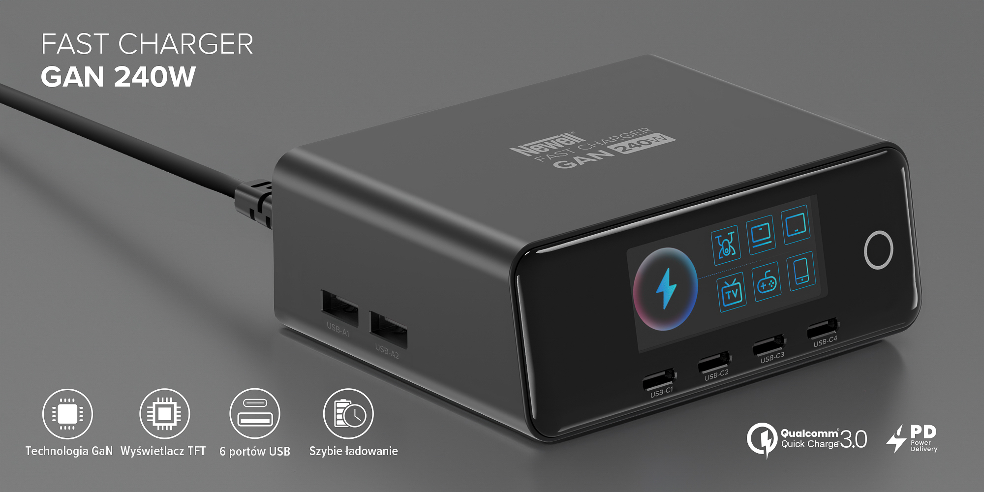 Ładowarka sieciowa Newell GaN 240 W TFT - EU